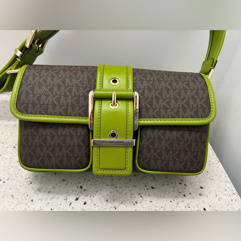 NWOT Michael Kors Brown & Green Monogram Shoulder Bag - Picture 2 of 9